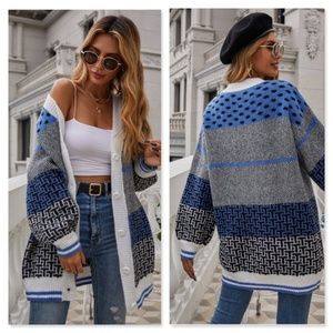 🌸Oversized Button Up V-Neck Cardigan Blue Grey White Black